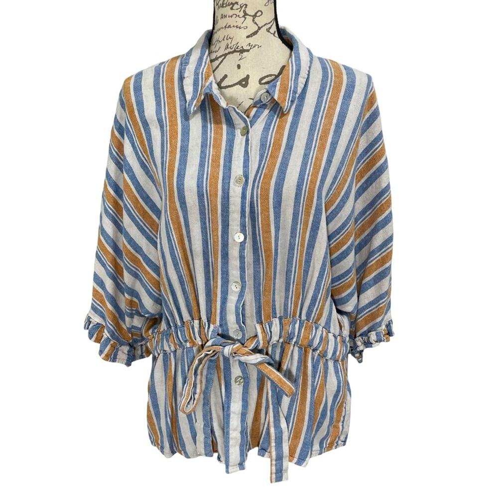 Marc New York Yellow & Blue Striped Blouse Adjustable Waist Bell Sleeves Size XL